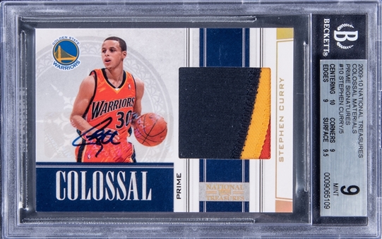 2009-10 Panini National Treasures Colossal Materials Prime Signatures #10 Stephen Curry Signed Rookie Card (#5/5) - BGS MINT 9/BGS 10